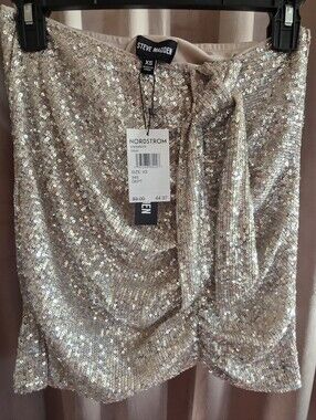 Steve Madden NWT Sequin Ruched Mini Skirt Rose Gold Champagne XS Party Holiday